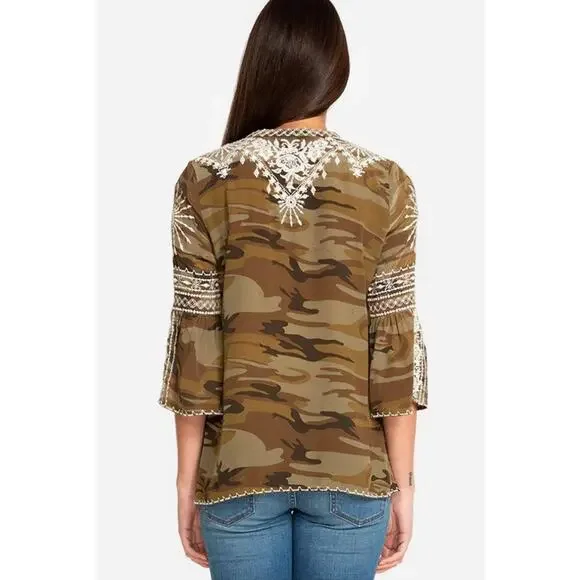 JOHNNY WAS Workshop 100% Silk Ciro Camo Embroidered Flare Sleeve Tunic Blouse - Picture 2 of 15